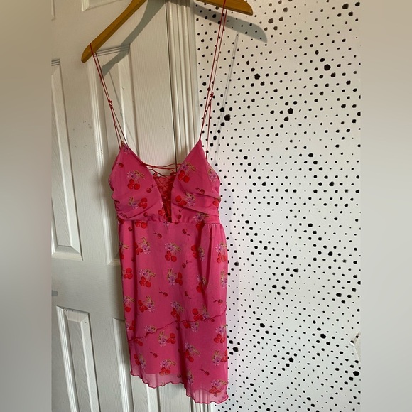 Urban Outfitters Bright Side Lace-Up pink floral cherry Mini Dress sz M nwt - Picture 3 of 14